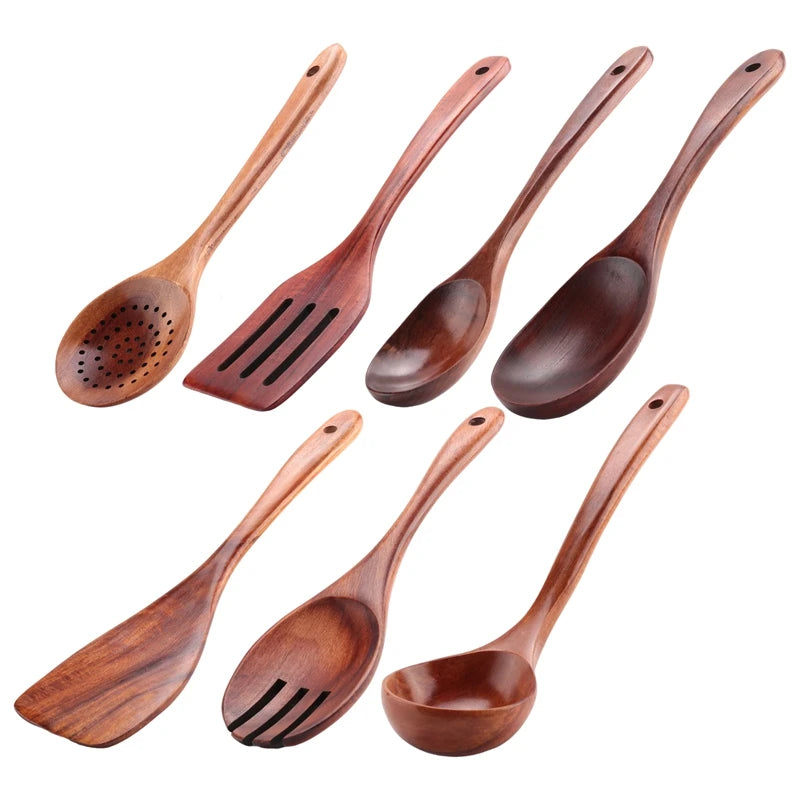 The "I Actually Cook" Professional Teak Disguise Kit 7 PCS Teak Wooden Kitchen Cooking Utensils, Non-Stick Spoons and Spatula Cookware for-AT35