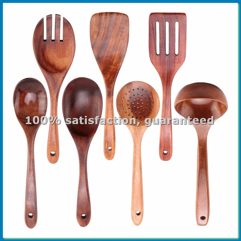 The "I Actually Cook" Professional Teak Disguise Kit 7 PCS Teak Wooden Kitchen Cooking Utensils, Non-Stick Spoons and Spatula Cookware for-AT35