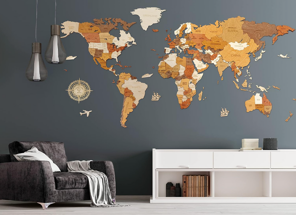 "The World at Your Fingertips: 3D Natural Wood Wall Art for Dreamers & Explorers."