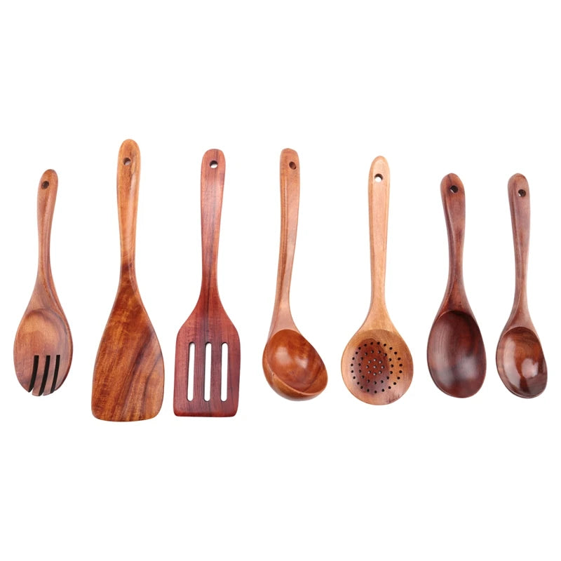 The "I Actually Cook" Professional Teak Disguise Kit 7 PCS Teak Wooden Kitchen Cooking Utensils, Non-Stick Spoons and Spatula Cookware for-AT35