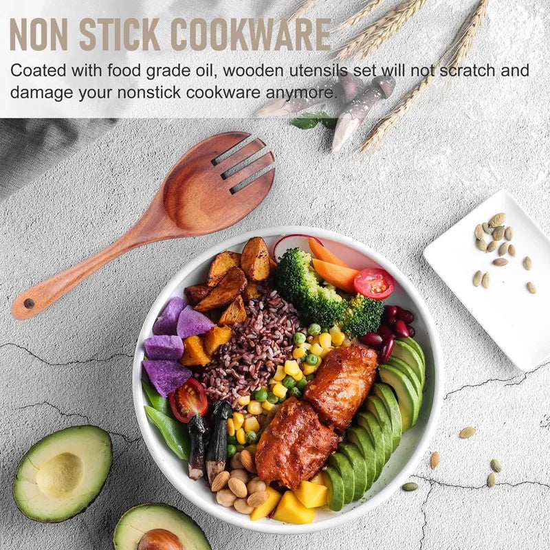 The "I Actually Cook" Professional Teak Disguise Kit 7 PCS Teak Wooden Kitchen Cooking Utensils, Non-Stick Spoons and Spatula Cookware for-AT35