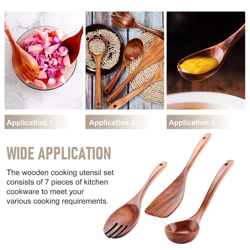 The "I Actually Cook" Professional Teak Disguise Kit 7 PCS Teak Wooden Kitchen Cooking Utensils, Non-Stick Spoons and Spatula Cookware for-AT35